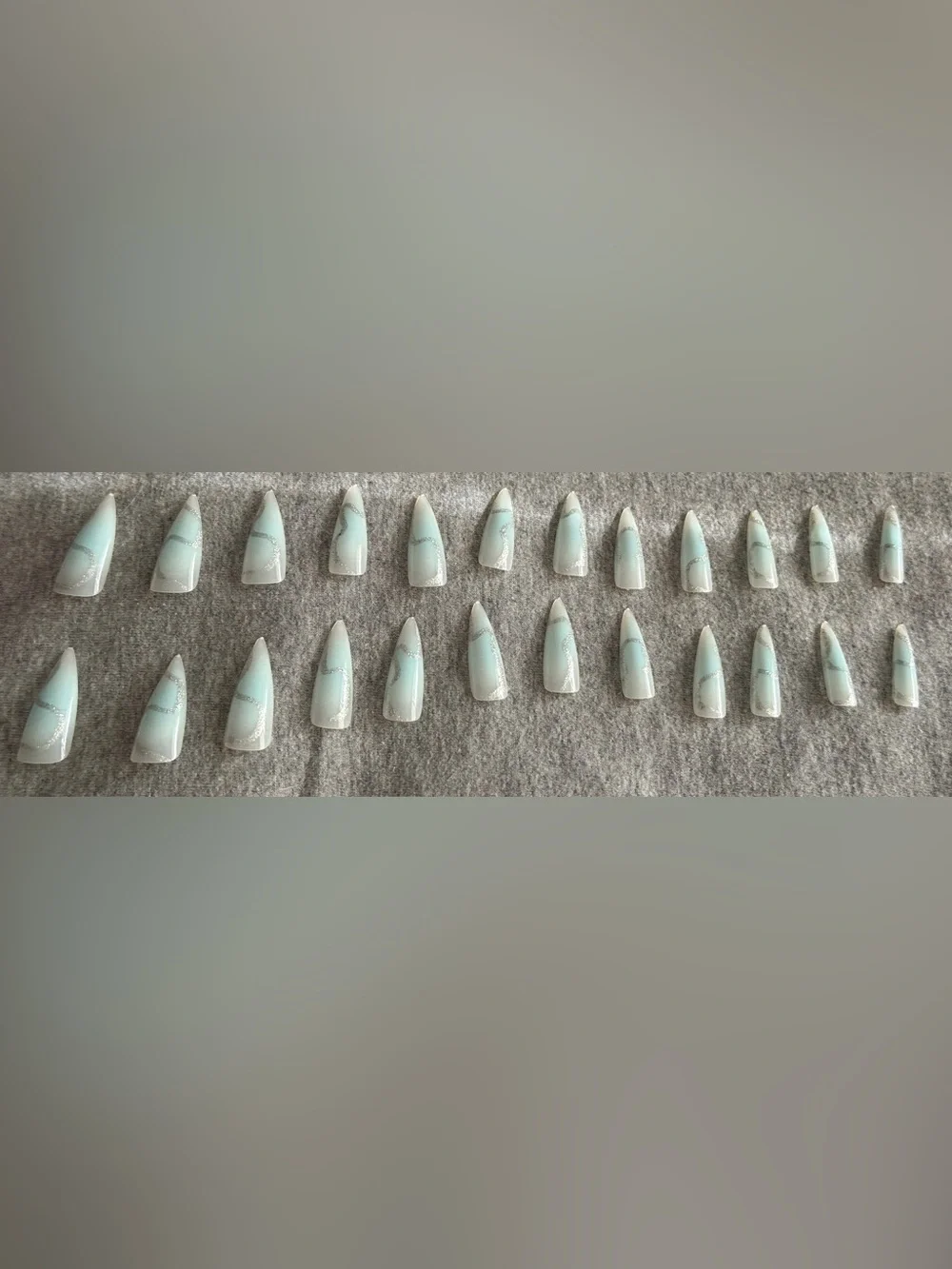 Stiletto Press-On Nails — Mint Green with Silver Glitter Swirl